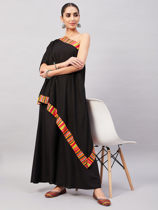 Black Multi Striped One Shoulder Kurta Set
