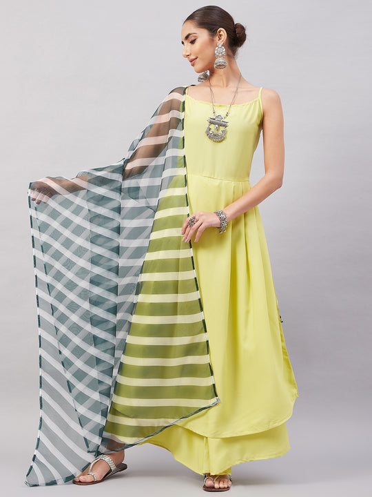 Summer Yellow R Strappy Kurta Set With Green Leh Dupatta
