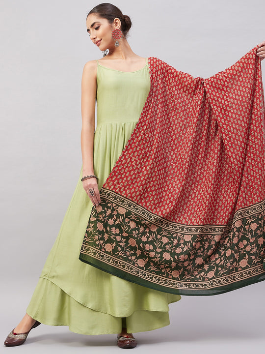Light Green R Strappy Set W Green Red Print Cotton Dupatta