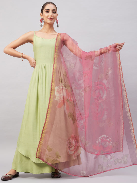 Light Green R Strappy Set W Pink Print Organza Dupatta
