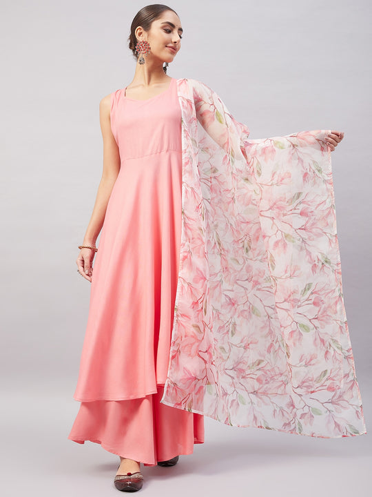 Light Pink Sleeveless Kurta Set W White Peach Organza Dupatta