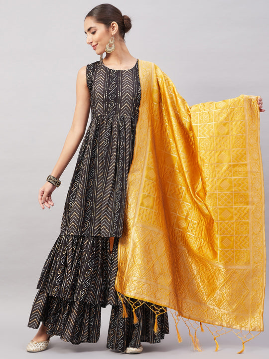 Black Bandhani Teired Sharara Set W Mustard Brocade Dupatta