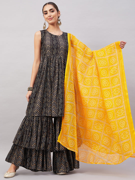 Black Bandhani Teired Sharara Set W Mustard Kota Dupatta