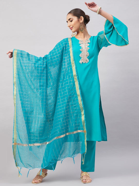 Aqua Organza Sleeve Kurta Set With Teal Gold Check Dupatta
