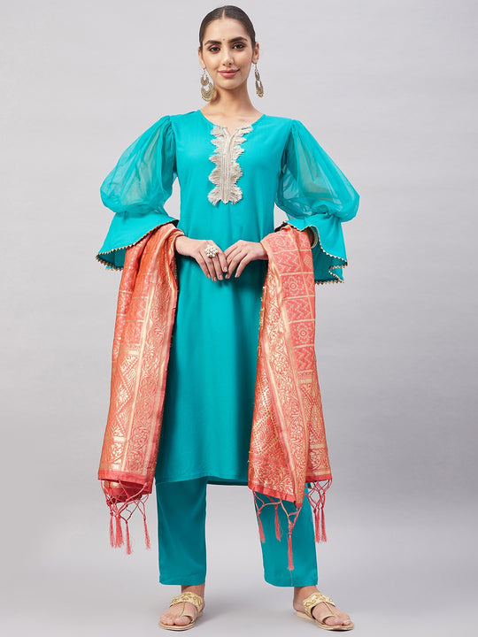 Aqua Organza Sleeve Kurta Set With Peach Brocade Dupatta