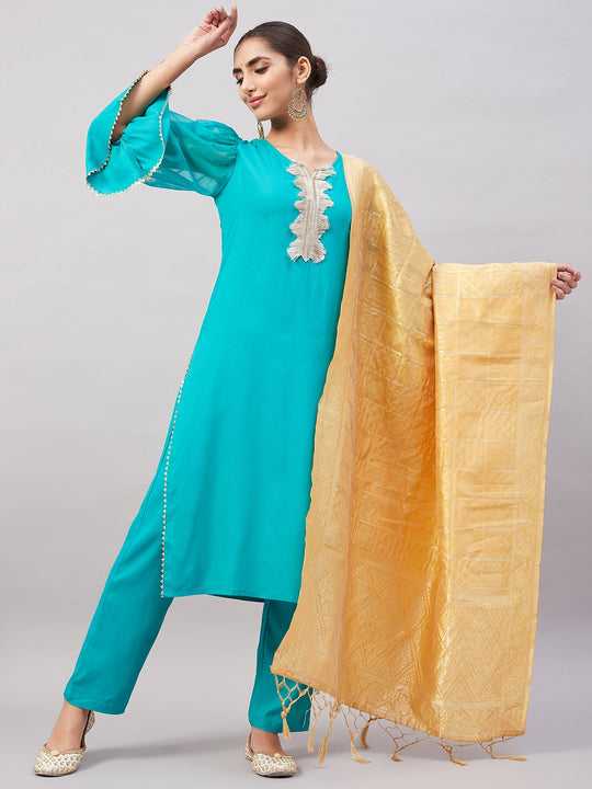 Aqua Organza Sleeve Kurta Set With Beige Brocade Dupatta