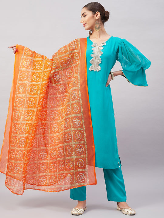 Aqua Organza Sleeve Kurta Set With Orange Kota Dupatta