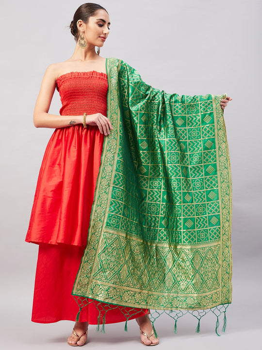 Red Off Shoulder Kurta Set W Green Brocade Dupatta