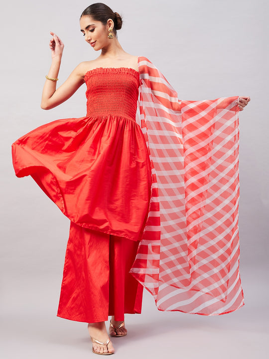 Red Off Shoulder Kurta Set W Red Leh Organza Dupatta