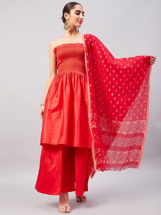 Red Off Shoulder Kurta Set W Red Banarsi Zari Dupatta