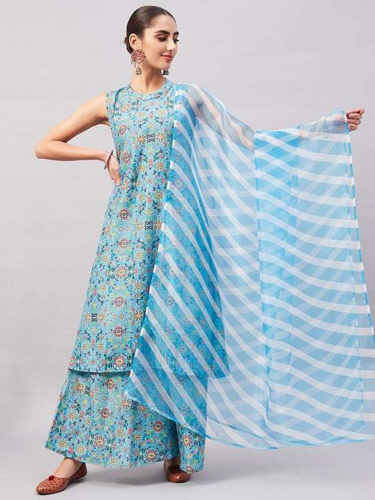 Sky Blue Floral Halter Kurta Set W Sb Leh Organza Dupatta
