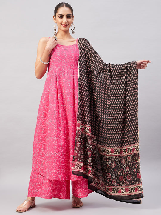 Pink Bandhani Strappy Set W Black Pink Ethnic Dupatta