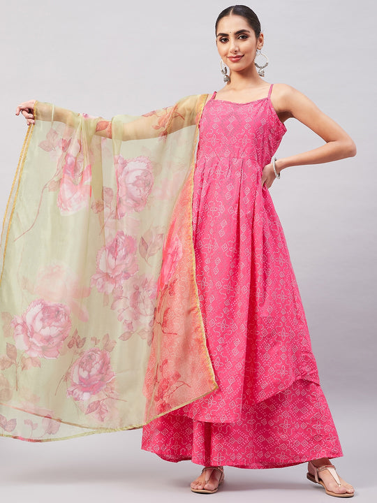 Pink Bandhani Strappy Set W Golden Floral Organza Dupatta