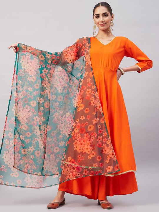 Orange Gota Long Anrkali Kurta Set W Black Organza Dupatta