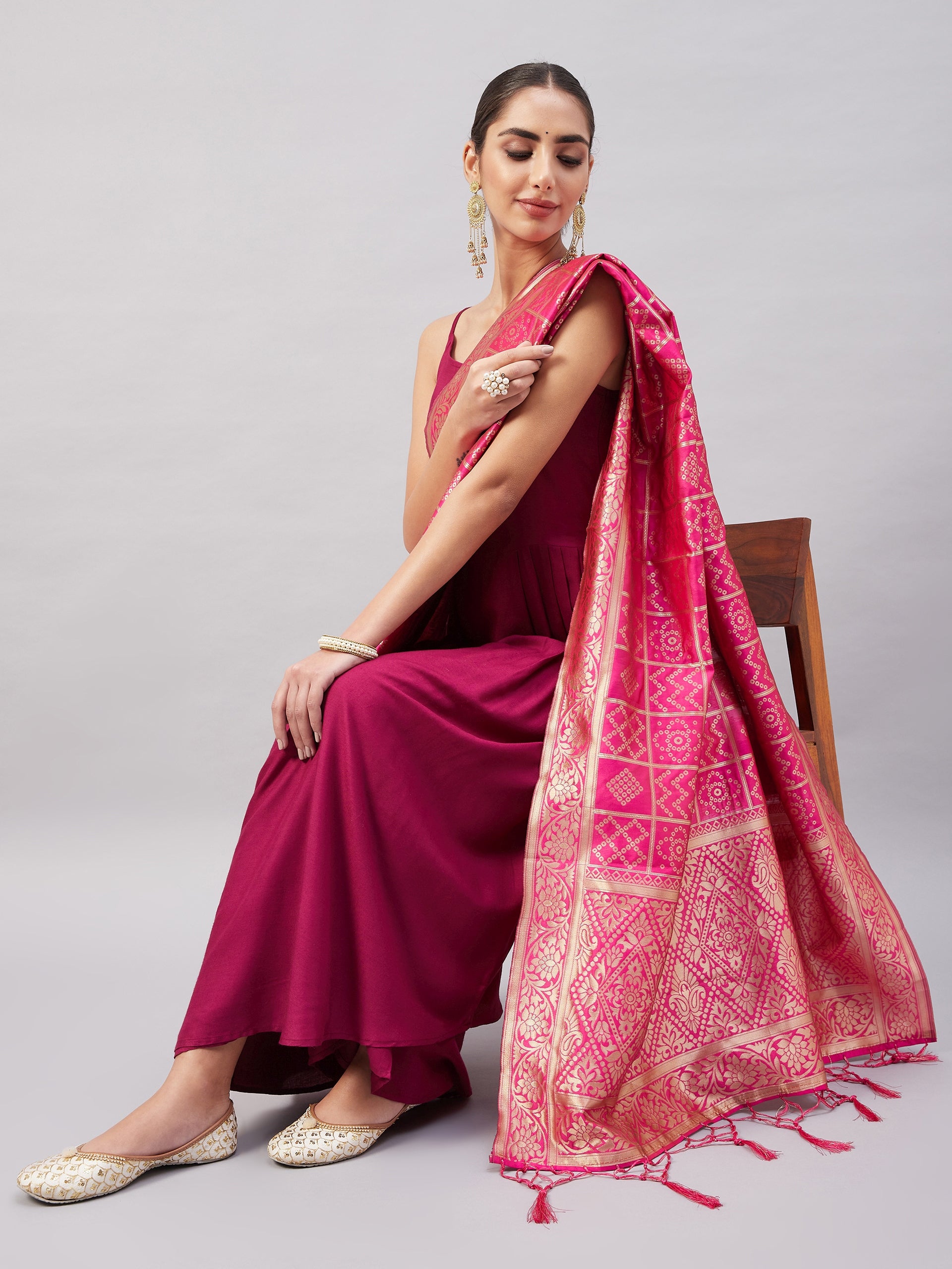 Wine Solid Strappy Set With Pink Brocade Dupatta