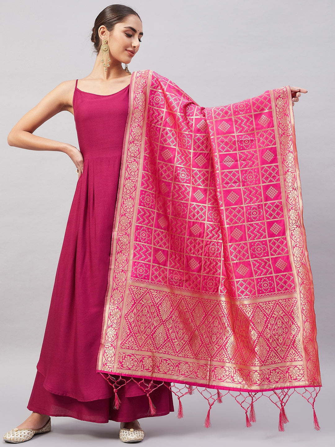 Wine Solid Strappy Set With Pink Brocade Dupatta