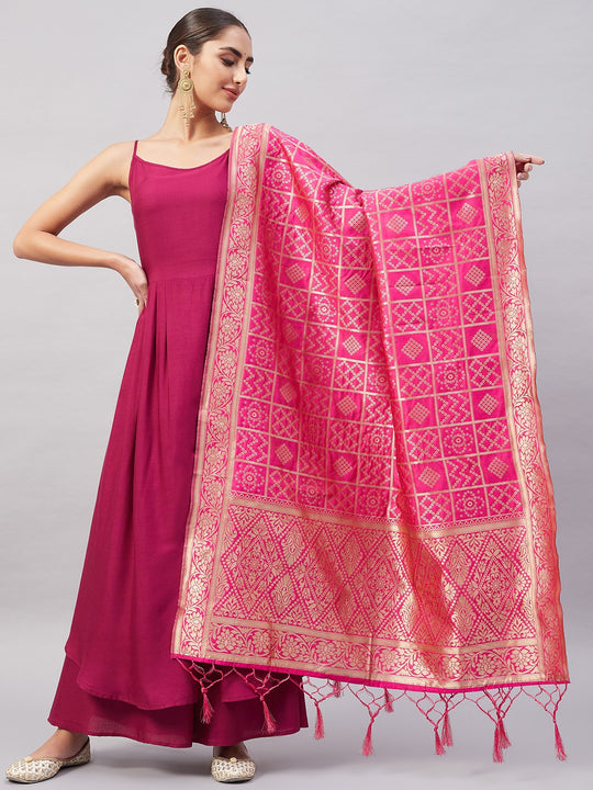 Wine Solid Strappy Set With Pink Brocade Dupatta