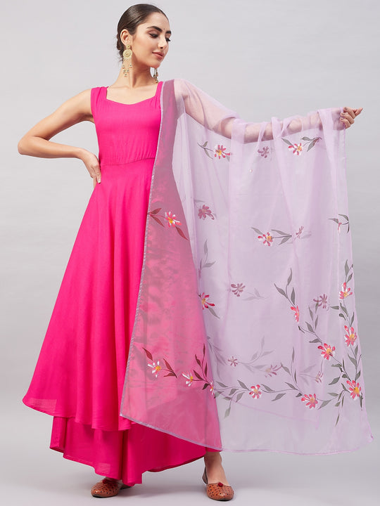 Fuchsia Sleeveless Kurta Set W Mauve Handpaint Organza Dupatta