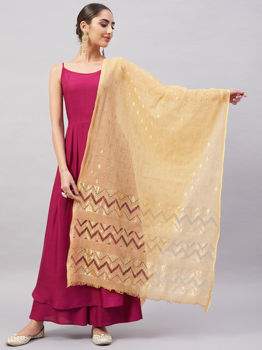 Wine Solid Strappy Set With Gold Banarsi Zari Dupatta