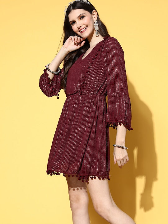 Maroon Lurex Dress With Lace