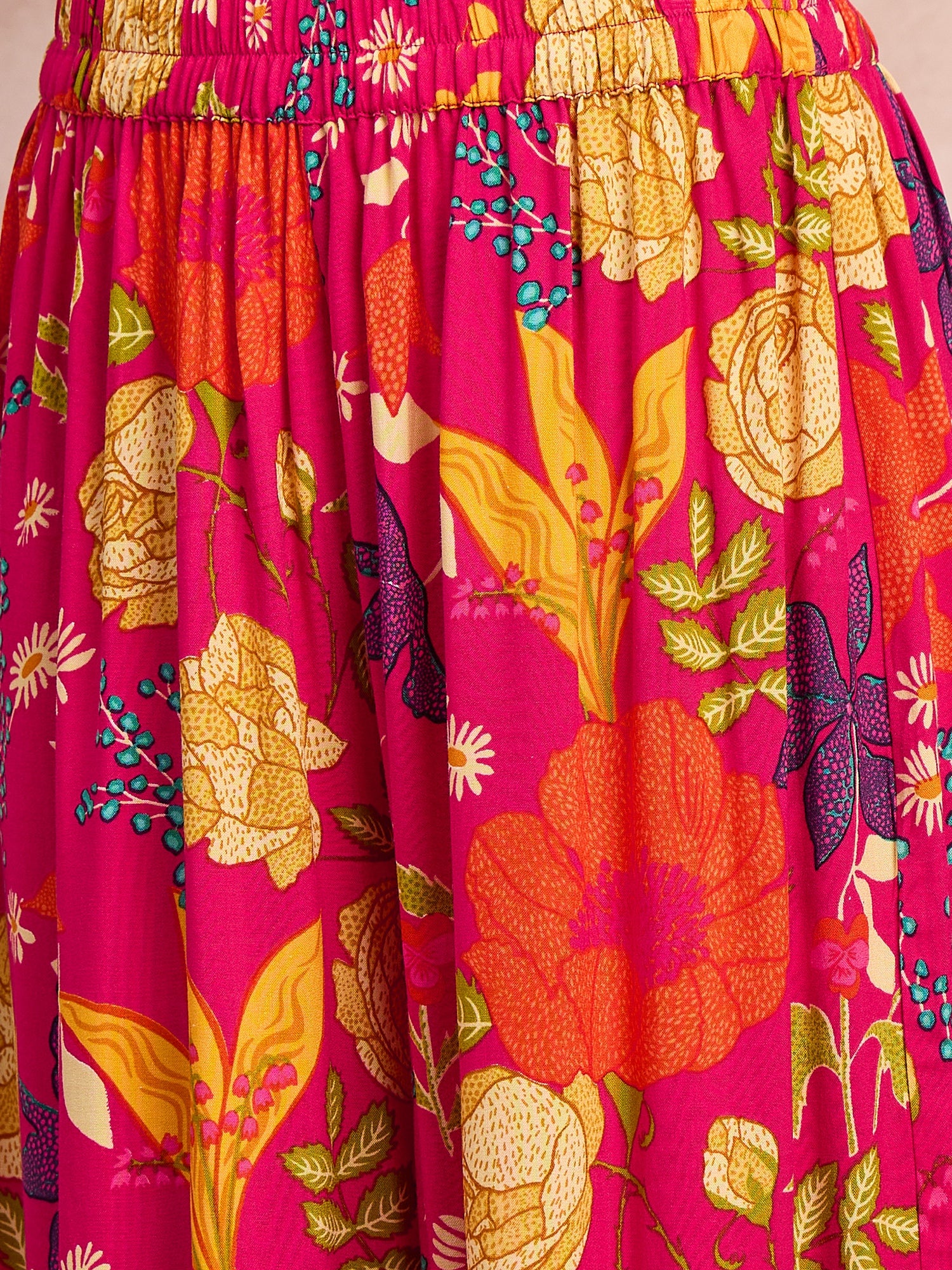 Rani Pink Rose Print Flared Kurta Set