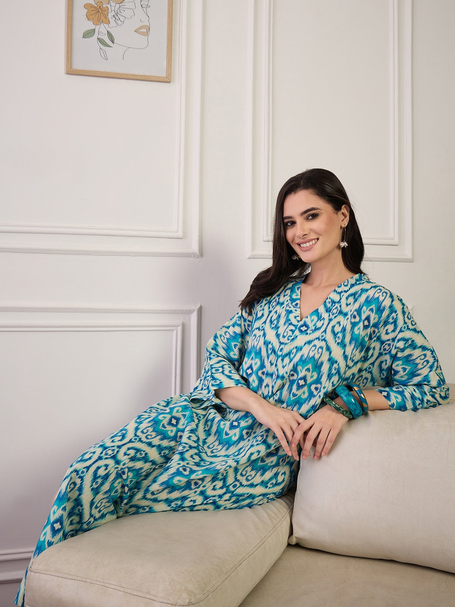 Cream Blue Ikkat Print V Neck Long Dress