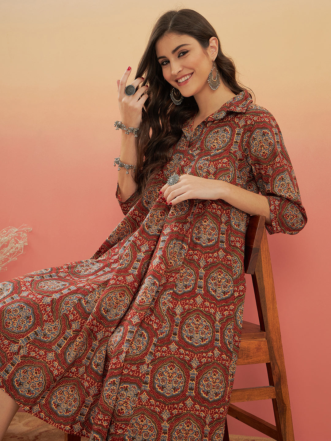 Maroon Mughal Kalamkari Flared Dress