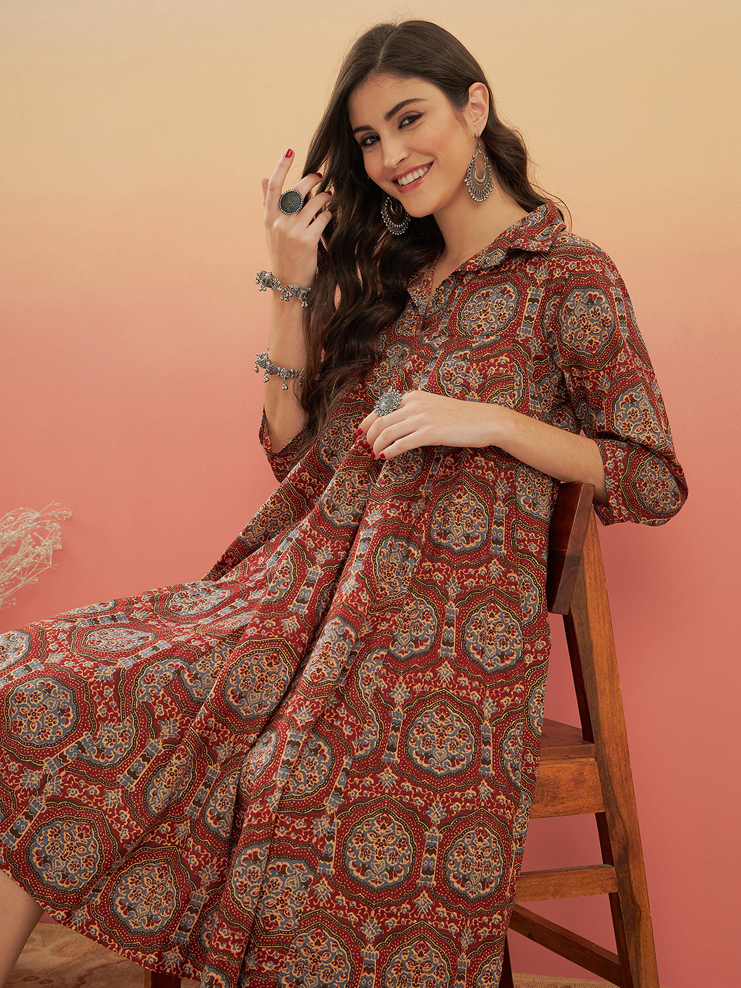 Maroon Mughal Kalamkari Flared Dress InWeave - Main Image