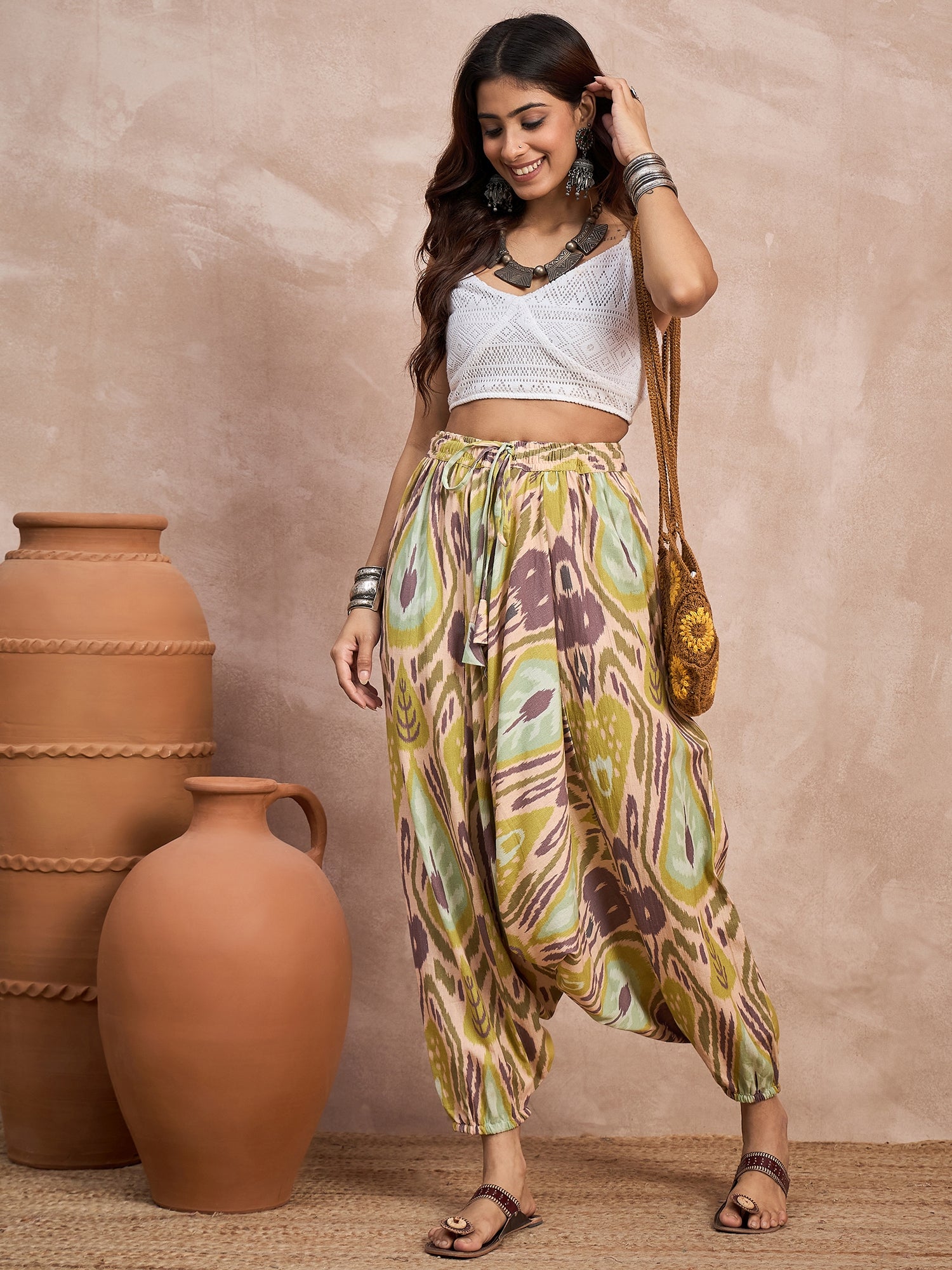 Olive Brown Ikkat Print  Cowl Harem Pant