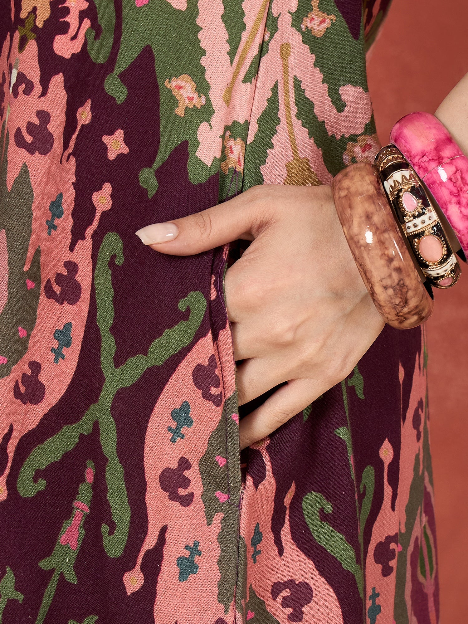 Wine Peach Ikkat Print Round Neck Short Dress