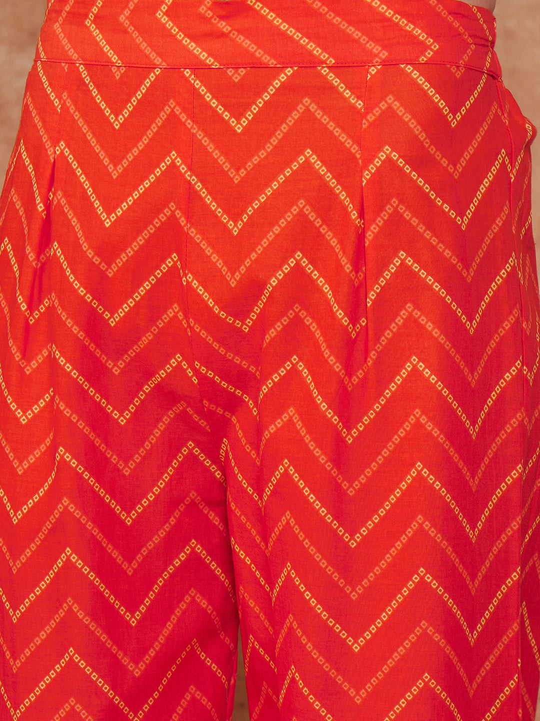 Orange S Print Twisted Neckline Kurta Pant Set