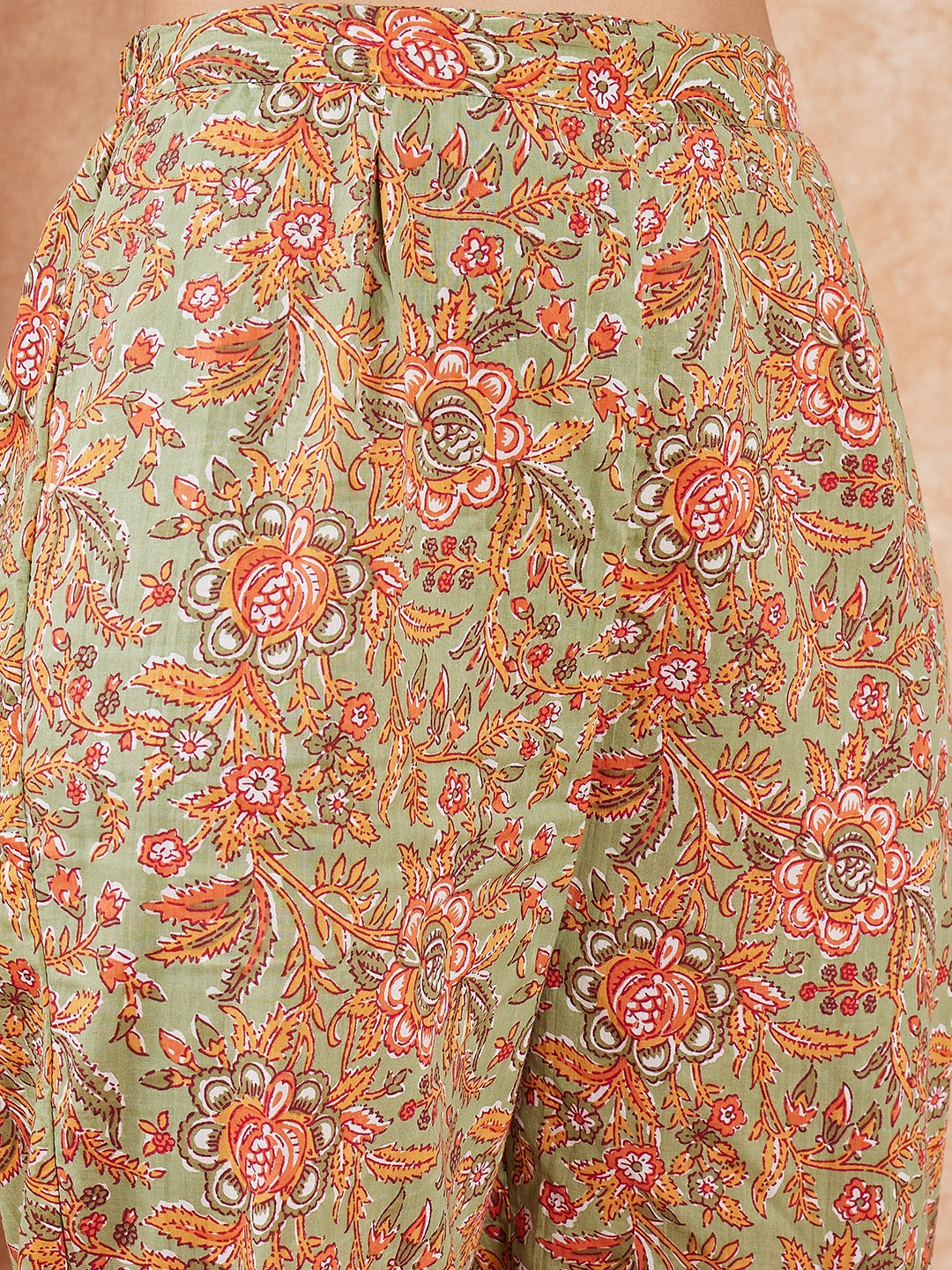 Pear Green Orange Floral Print Flared Kurta Pant Set