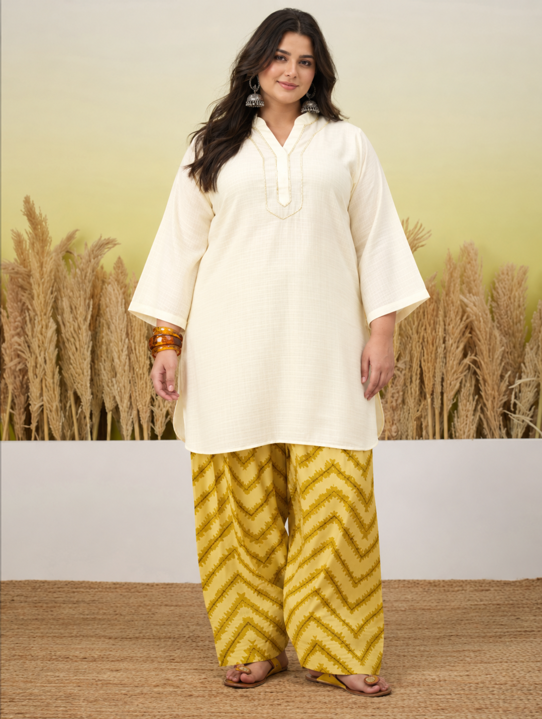 White Kurta Yellow Chevron Print Salwar Set