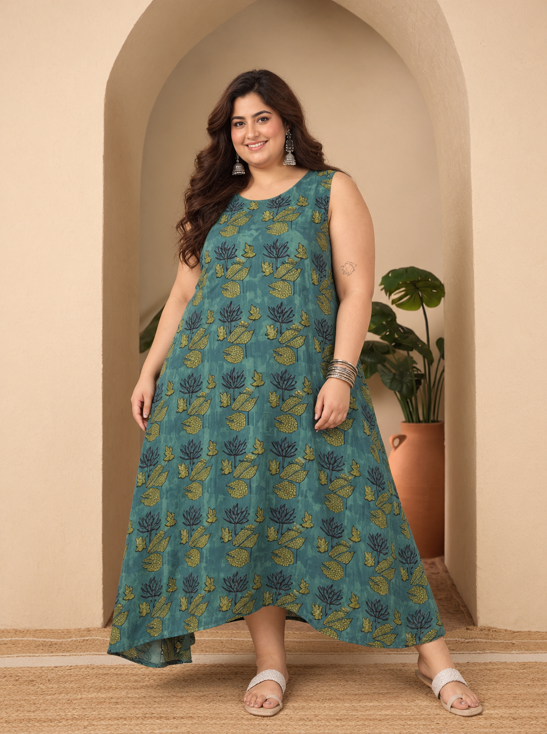 Teal Lotus Printed Round Neck Long Dress