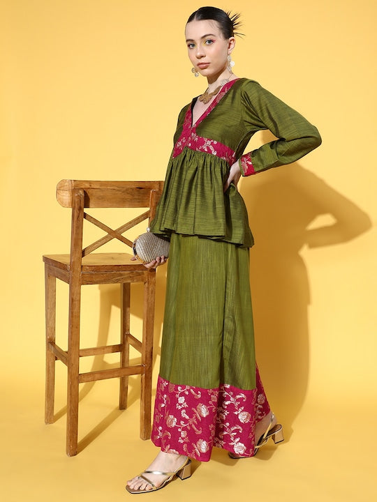 Olive Pink Brocade Mughal Shaan Kurta Palazzo Set