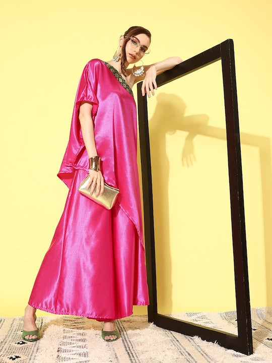 Pink Green Brocade Satin Oneshoulder Kurta Set