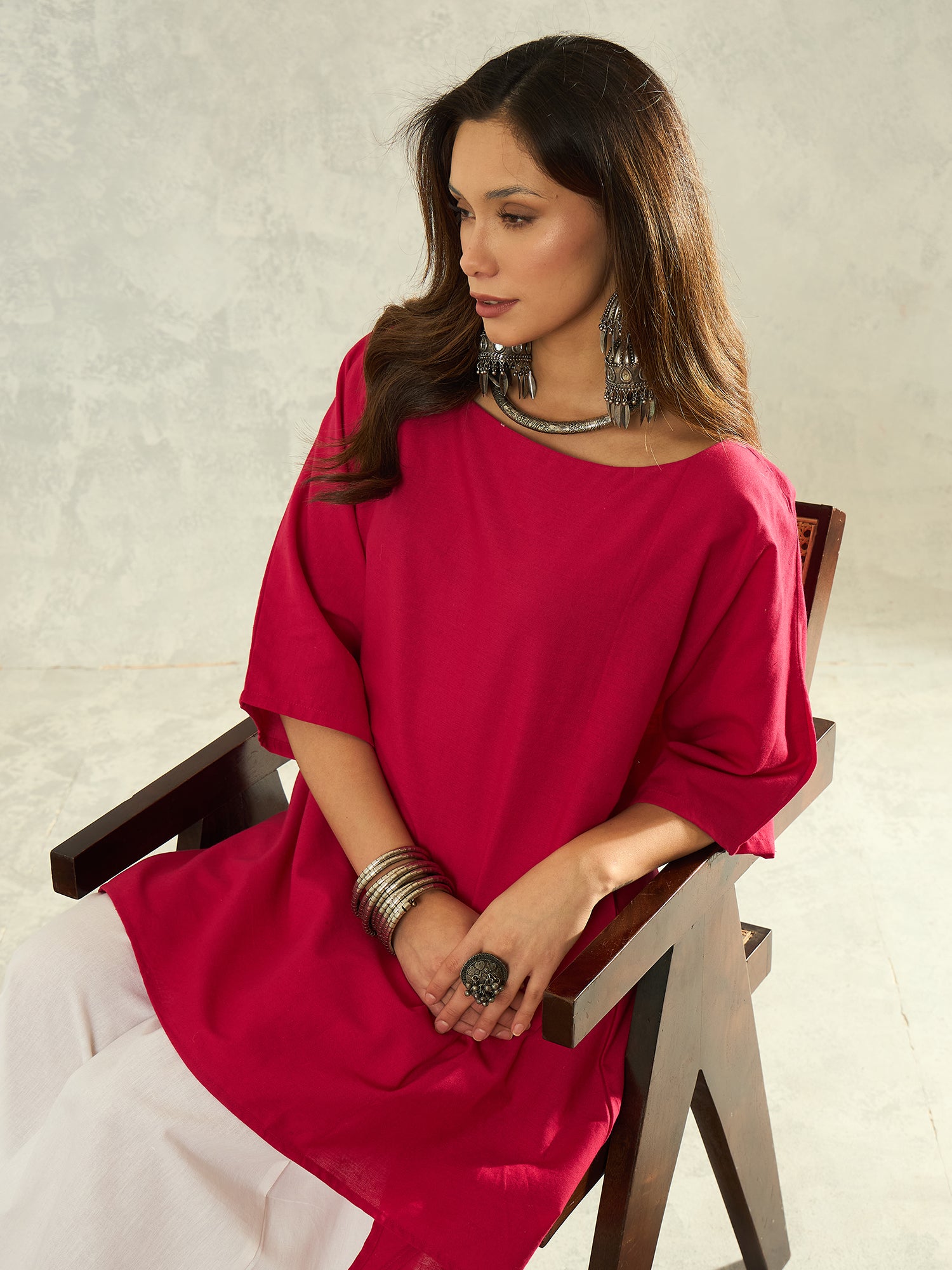 Dark Pink Boat Neck White Palazzo Set