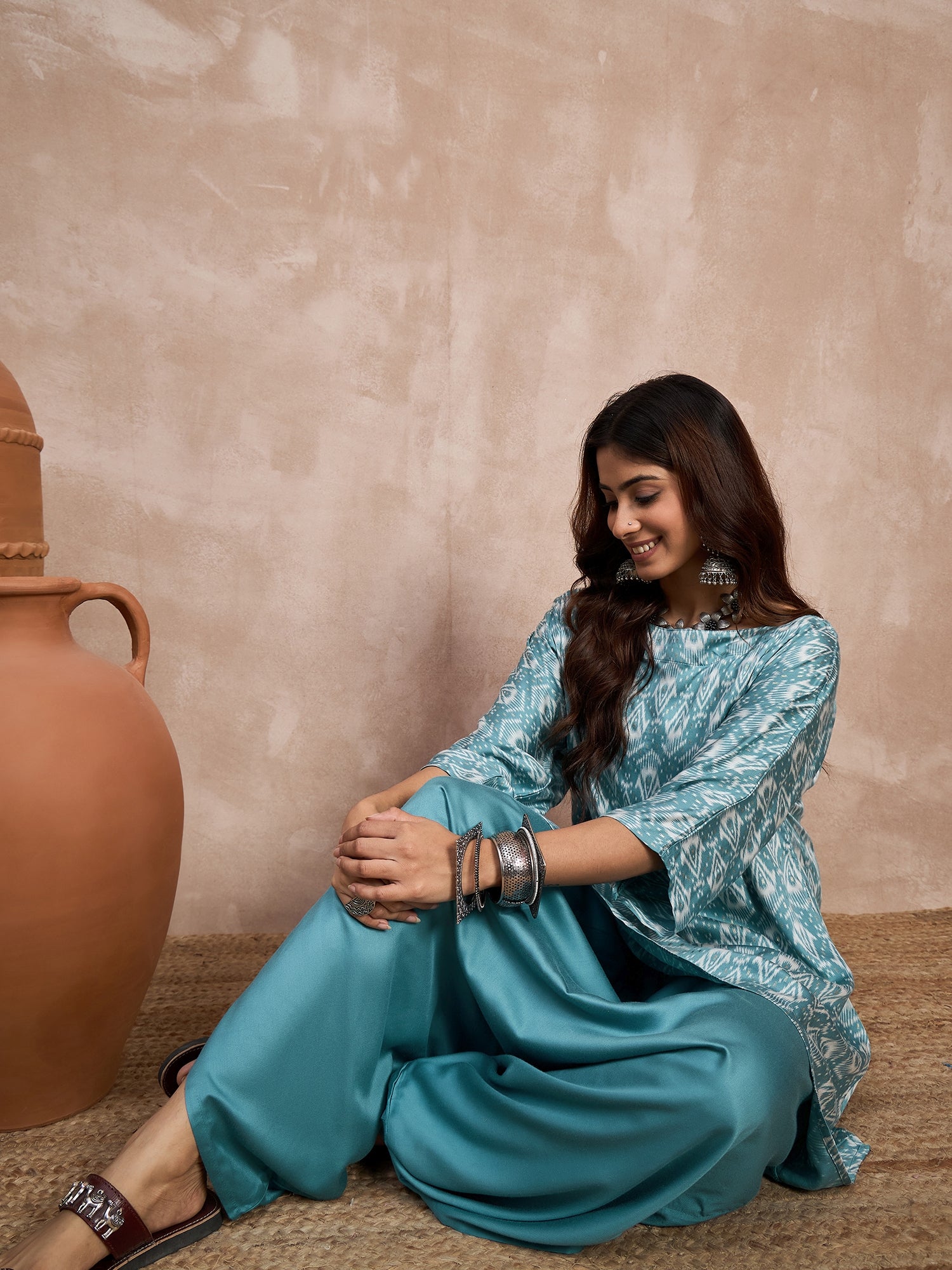 Light Teal Foil Boat Neck Dhoti Set