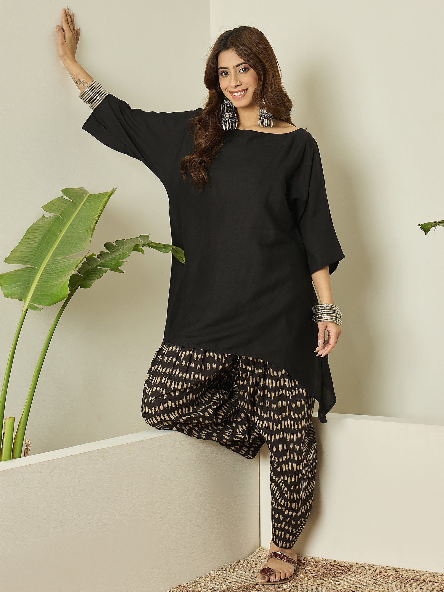 Black Boat Neck Black Ikkat Salwar Set