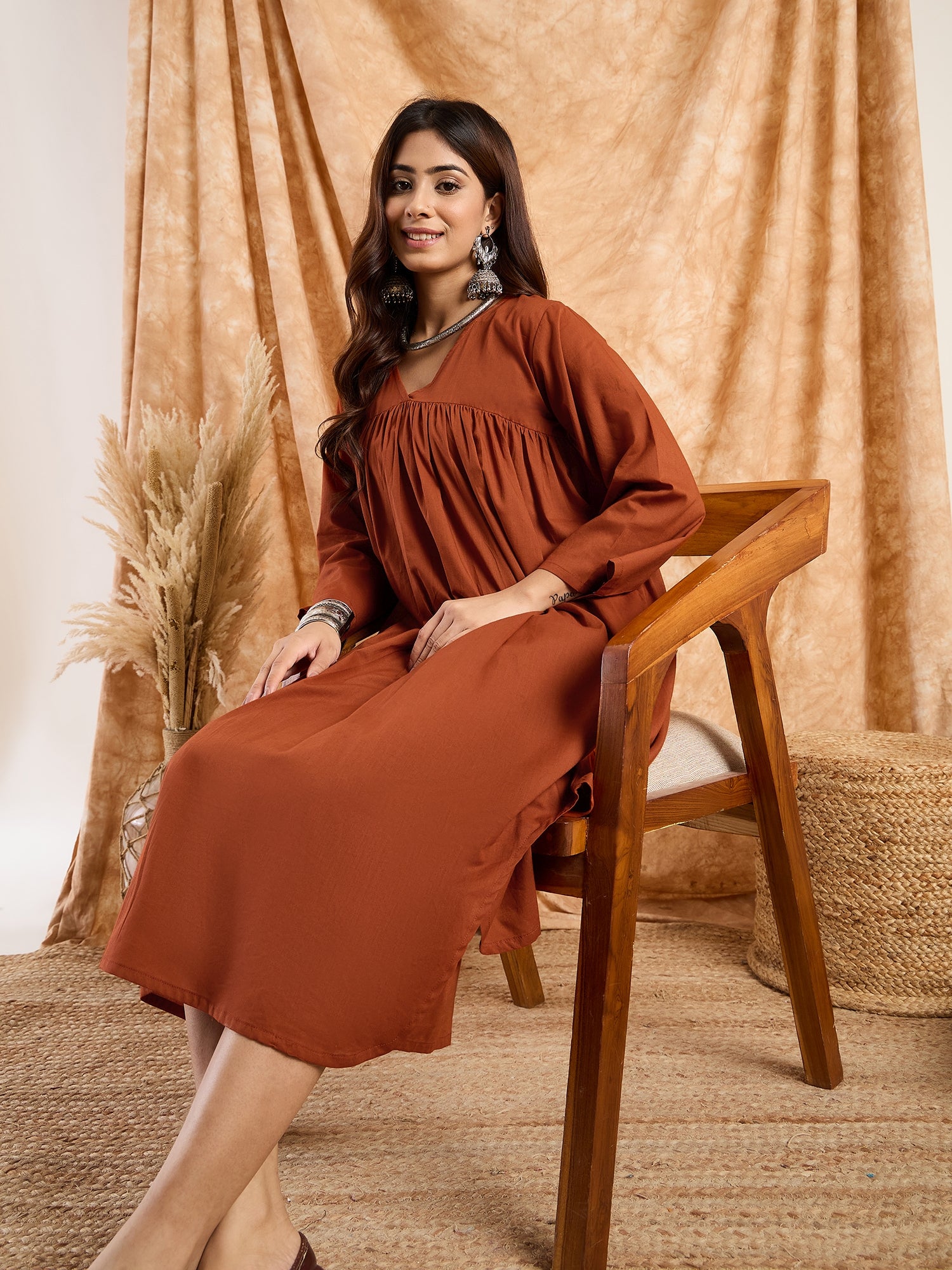 Rust V Neck Flared Kurta Set