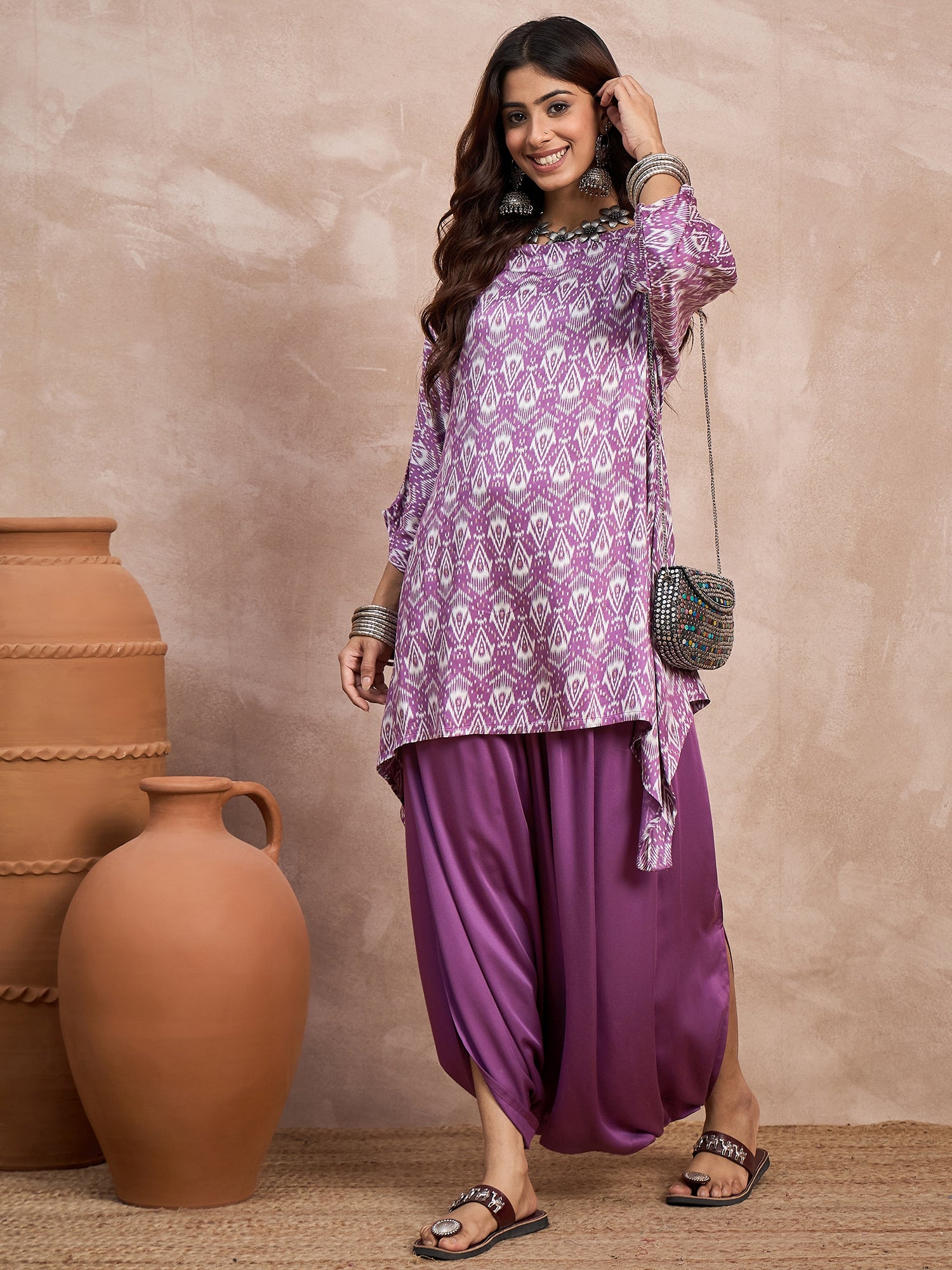 Dark Mauve Foil Boat Neck Dhoti Set