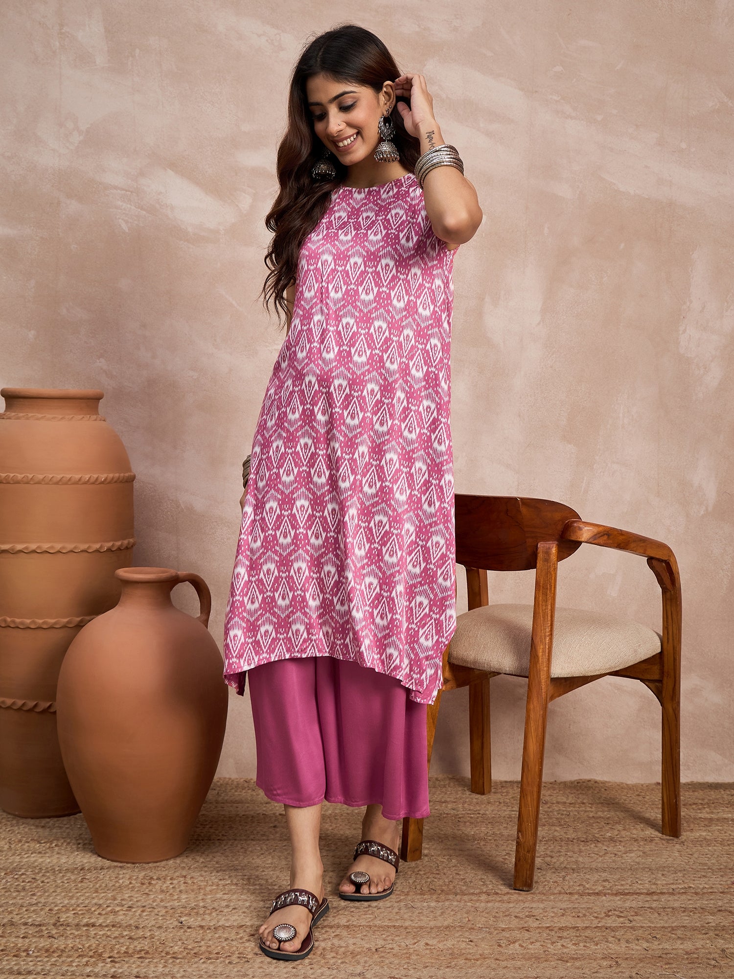 Punch Pink Foil Kurta Palazzo Set