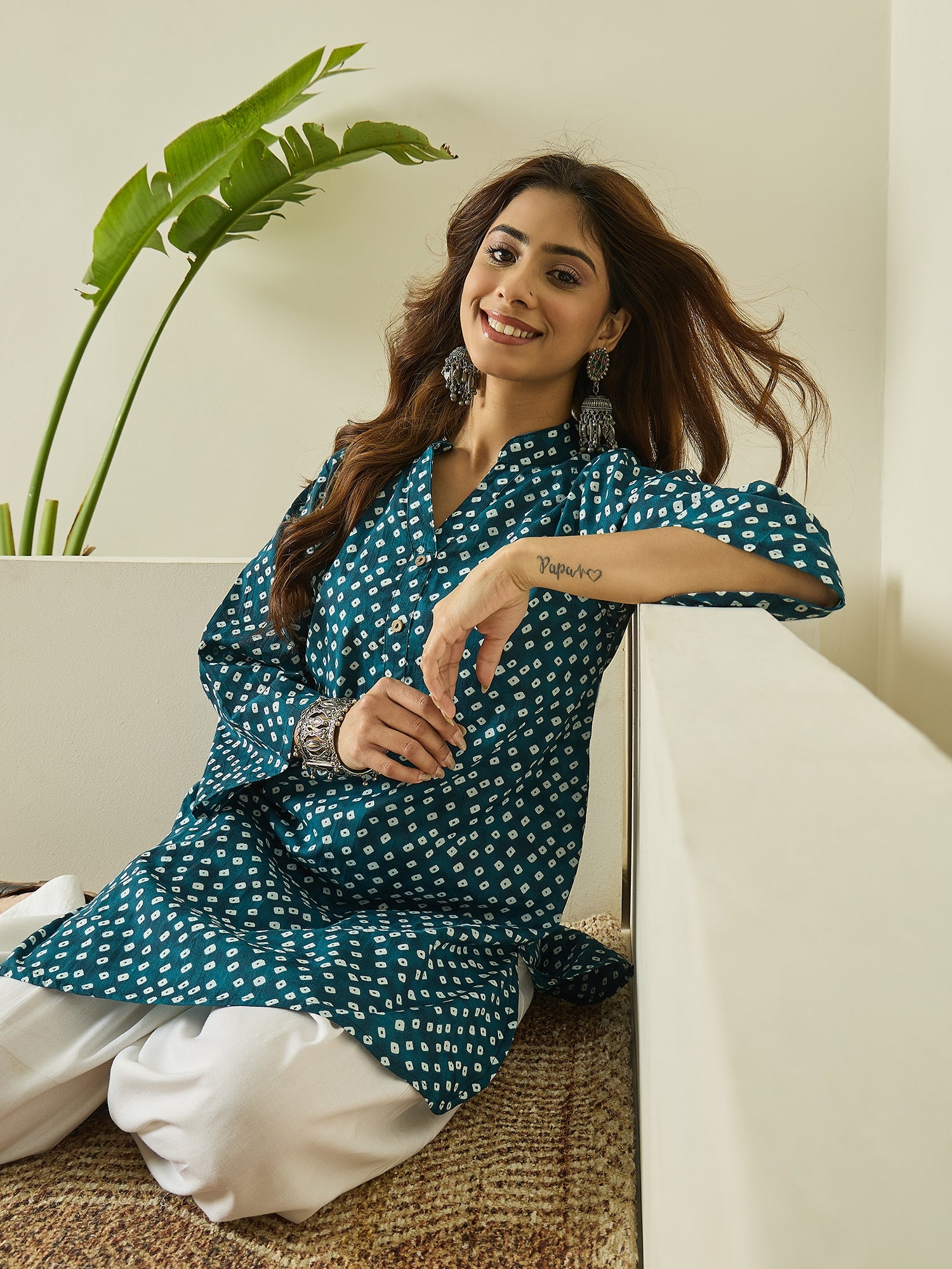 Navy Teal White Dot Kurta White Salwar Set