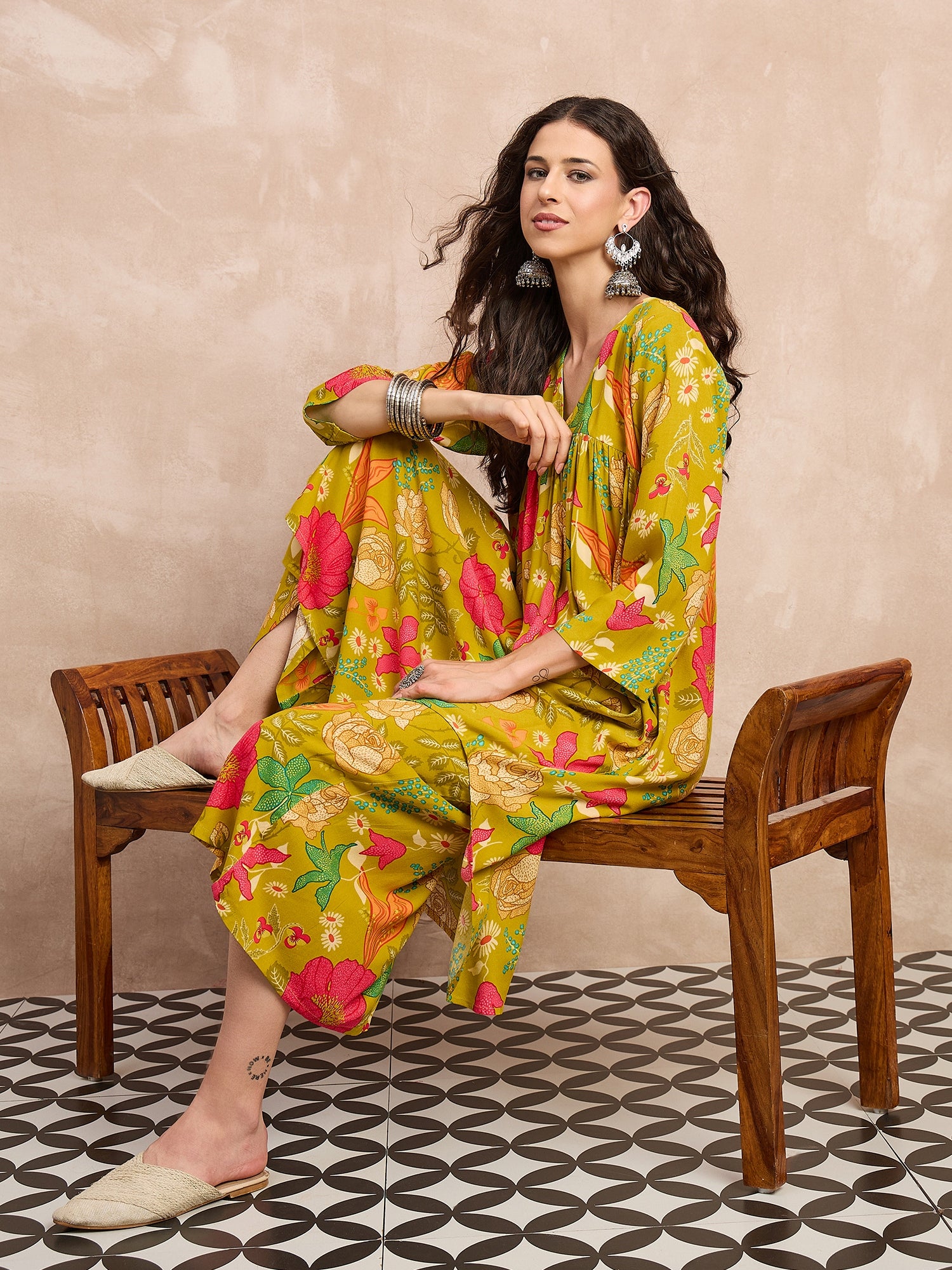 Lemon Yellow Rose Print Flared Kurta Set