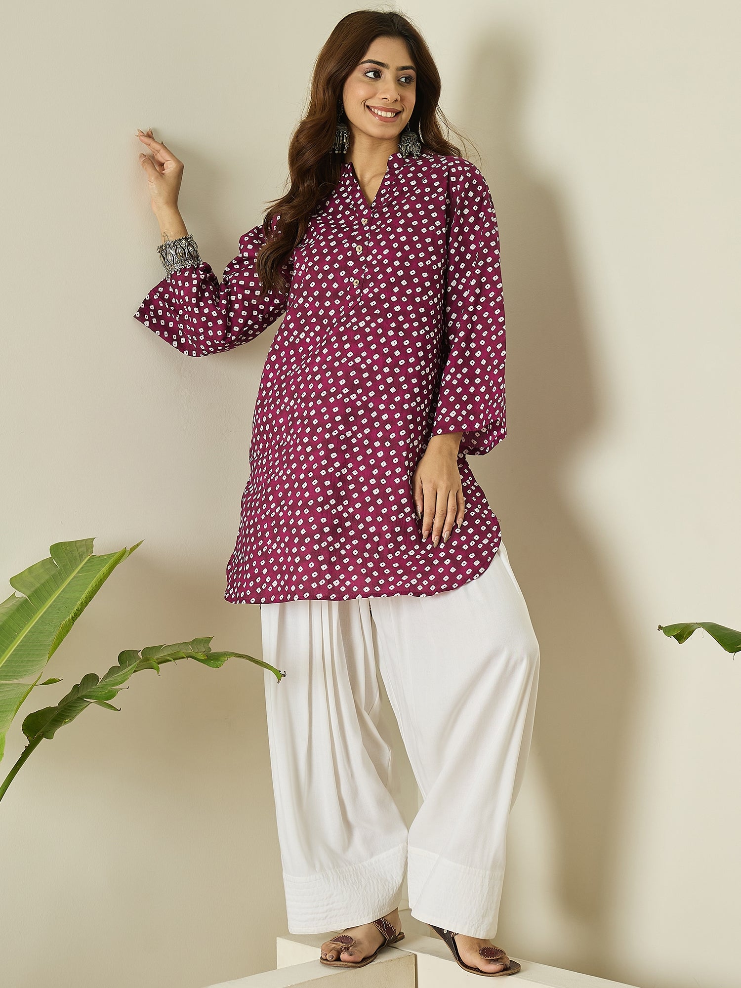 Wine White Dot Kurta White Salwar Set