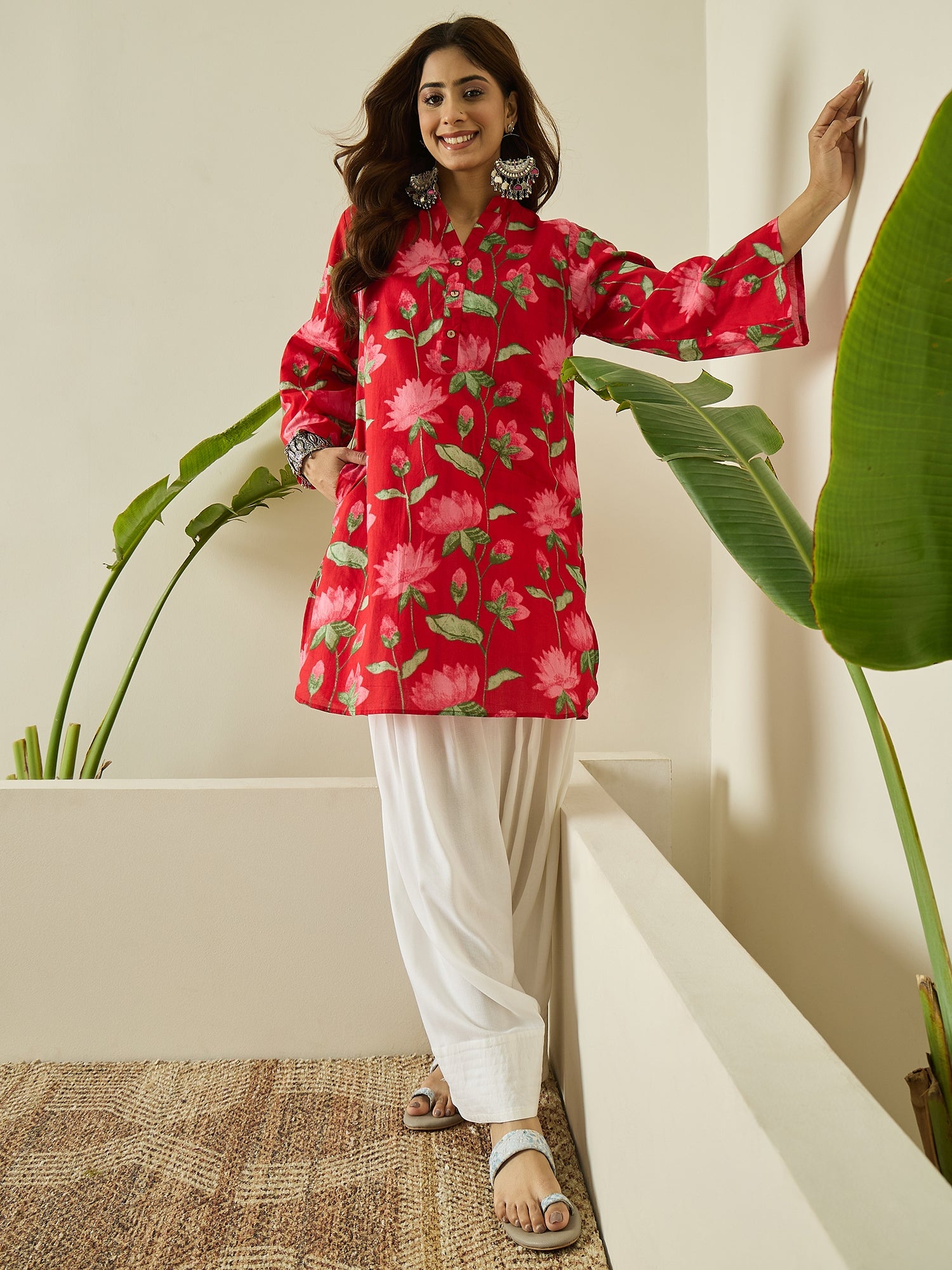 Red Lotus Print Kurta White Salwar Set