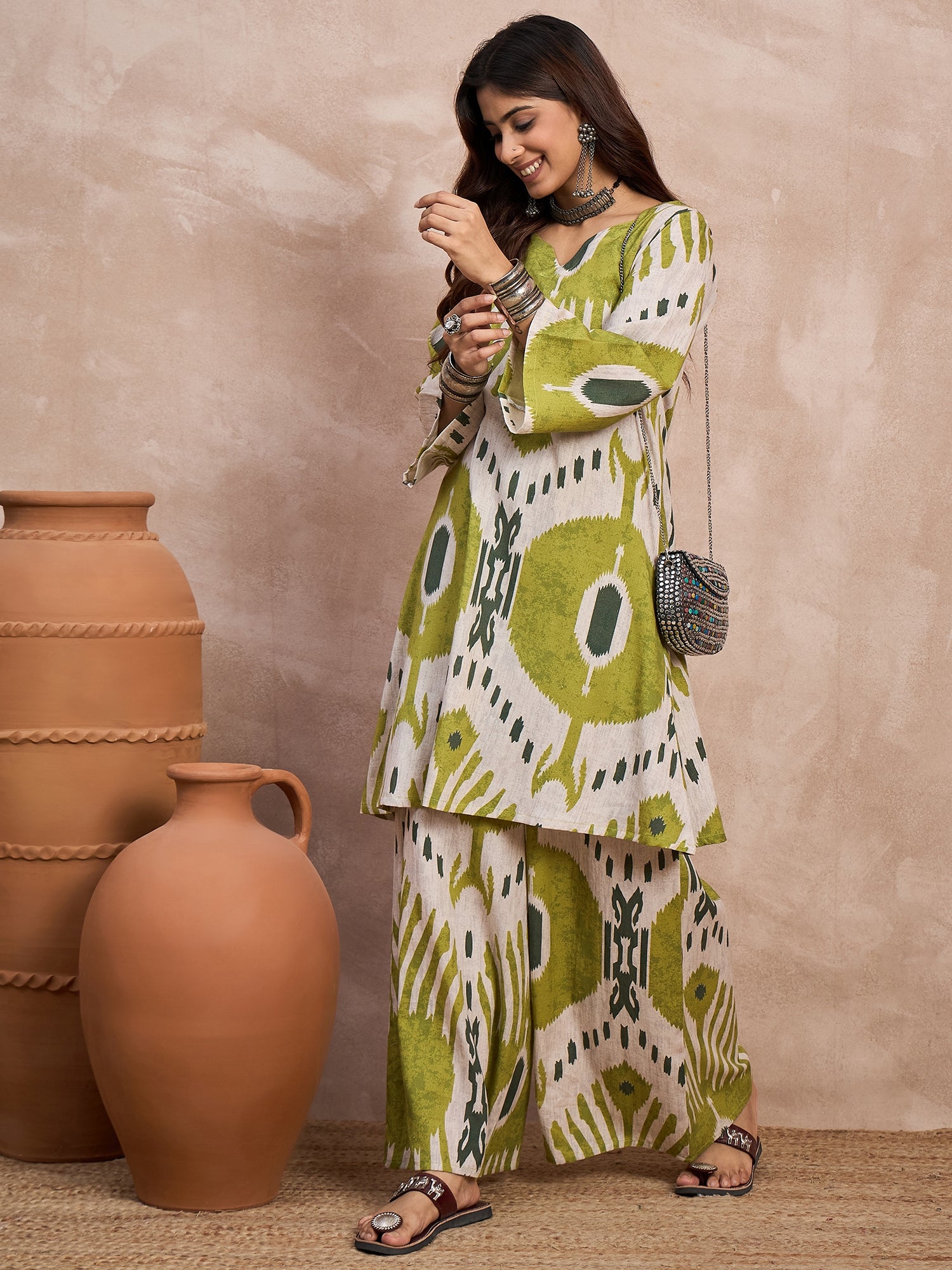 Olive White Ikkat Print Long Sleeve Kurta Set