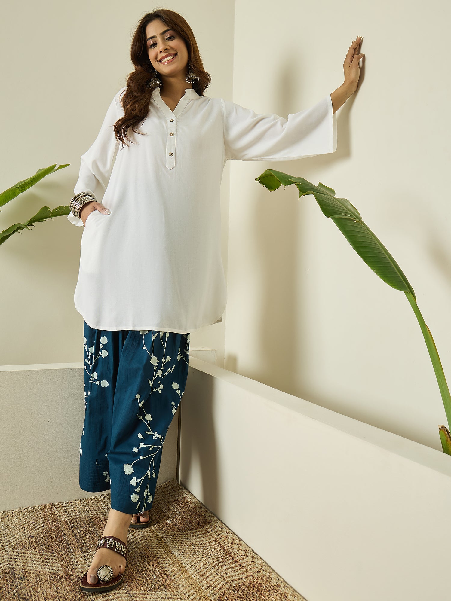 White Kurta Navy Floral Salwar Set