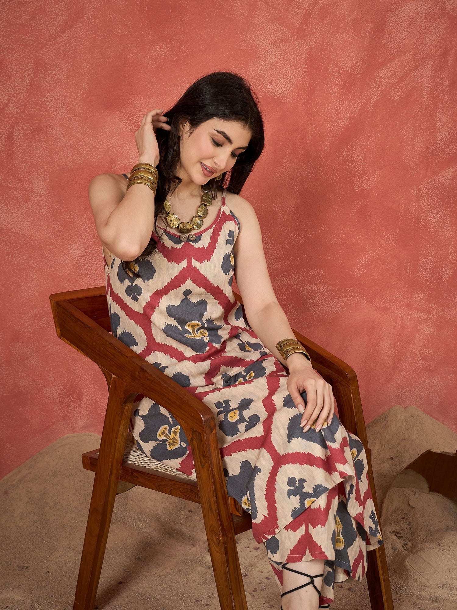Beige Red Grey Ikkat Print Button Strappy Kurta Set