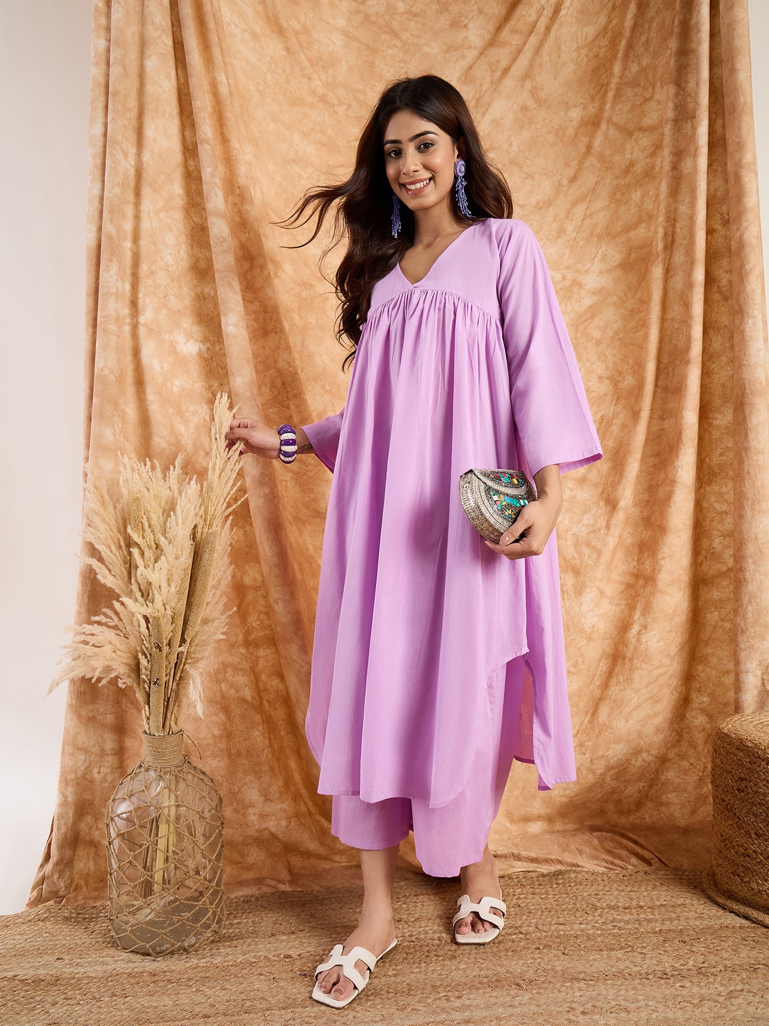 Lavender Pastel V Neck Flared Kurta Set